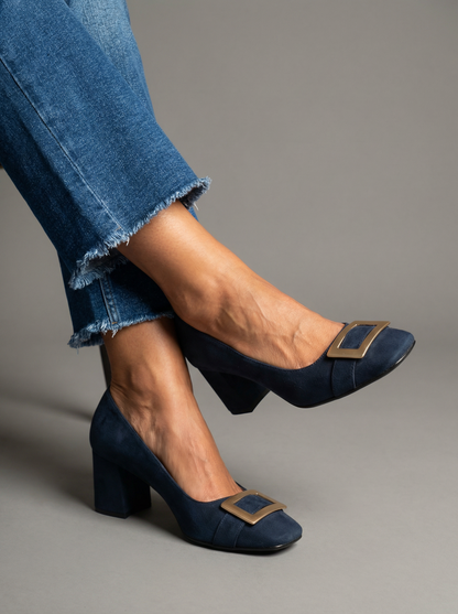 Capri Blu – Navy Block Heel Court Shoes with Buckle Detail